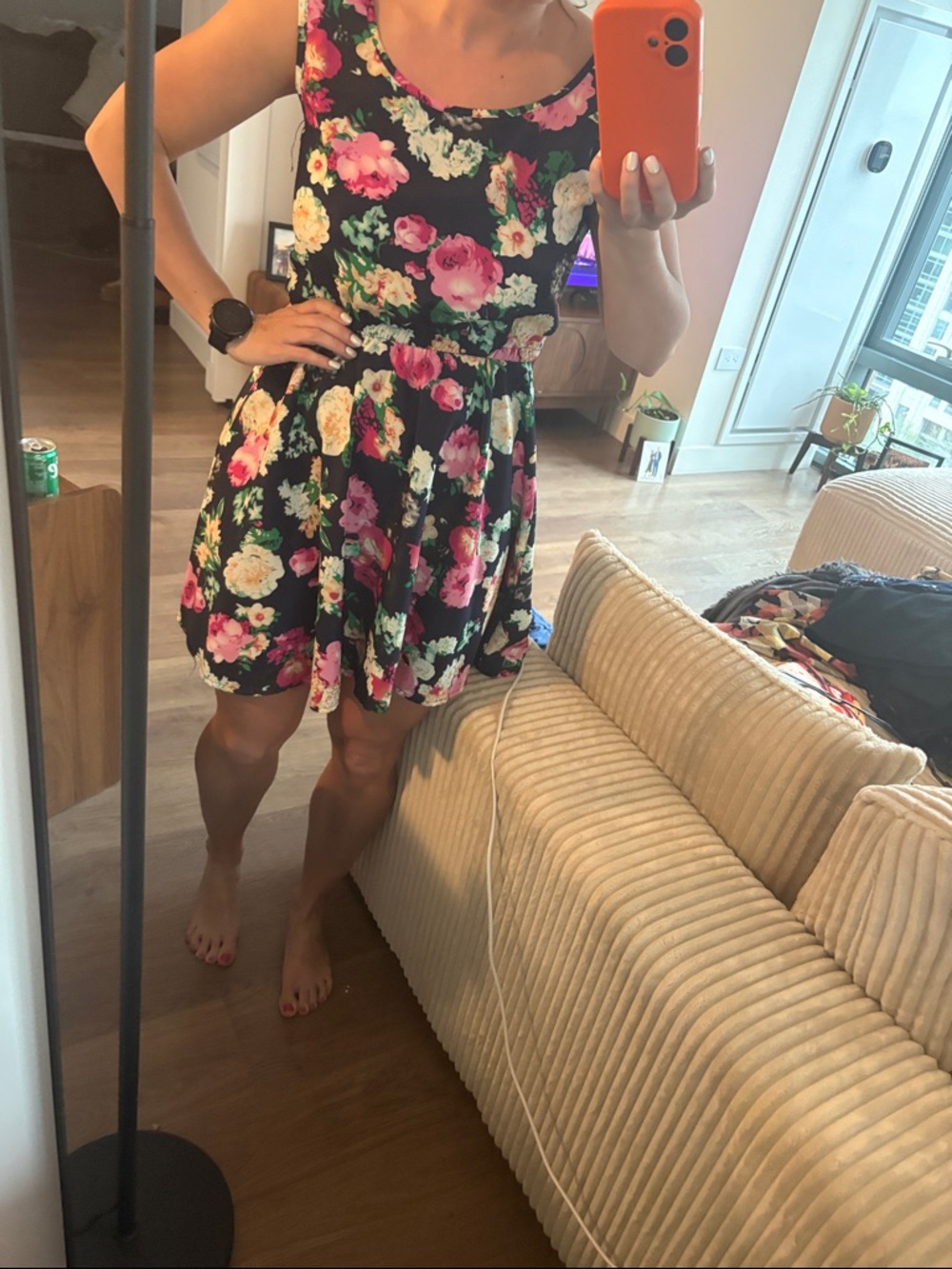 Floral Sleeveless A-Line Dress in Navy